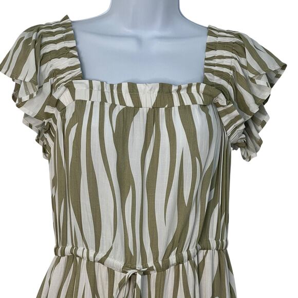 Easel Wide Leg Abstract Zebra Ruffled Flutter Sleeve Sage White Jumpsuit S NWT - Picture 2 of 12